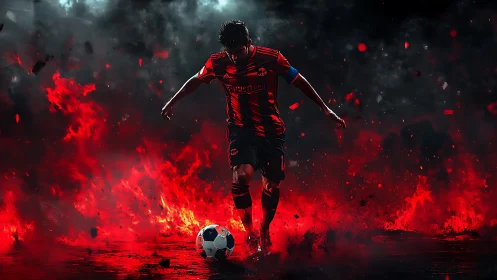 Soccer player controls ball amid stylized red flame field