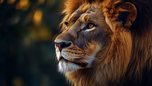 Golden-maned lion gazing softly into warm evening light.