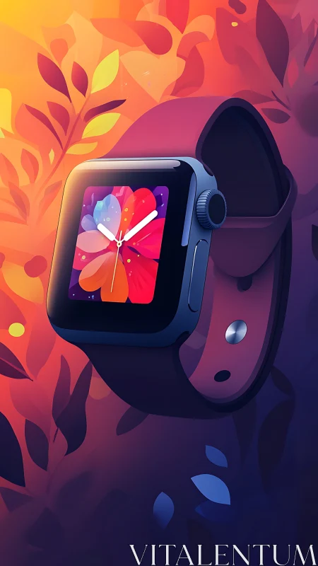 Bloom-clock smartwatch drifting through molten sunset color.
