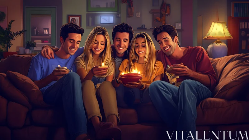 Five individuals on sofa with bowls in residential interior.