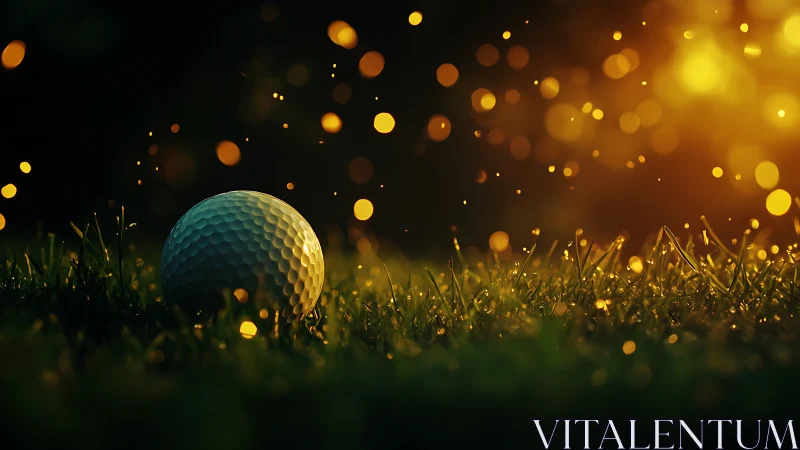Golf ball on dewy grass under warm golden evening light.