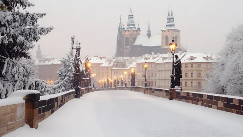 Quiet winter bridge welcomes a softly glowing old town