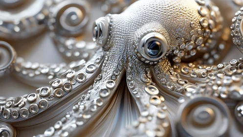 Metallic octopus sculpture reflects intricate chrome detail