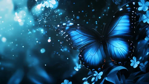 Luminous blue butterfly in glowing nocturnal bloomscape.