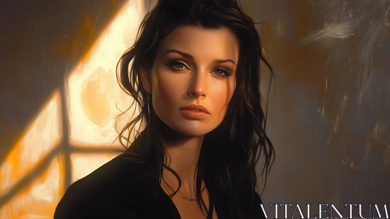 Sunlit portrait of woman in warm painterly chiaroscuro.