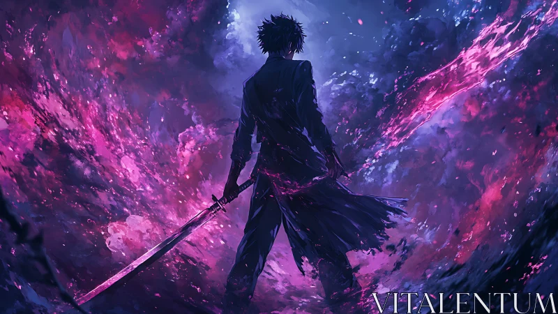 Backlit swordbearer amid bifurcated magenta energy storm.