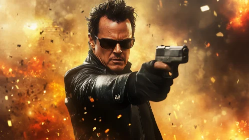 Man in leather jacket aims handgun amid fiery explosion