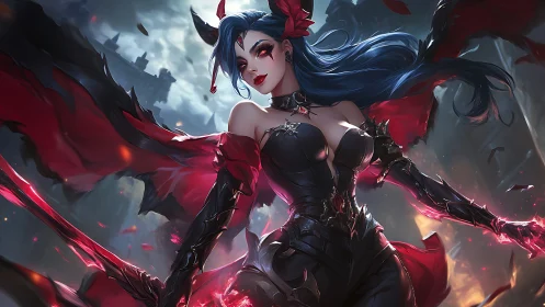 Dark fantasy vampiric warrior in dynamic crimson motion.