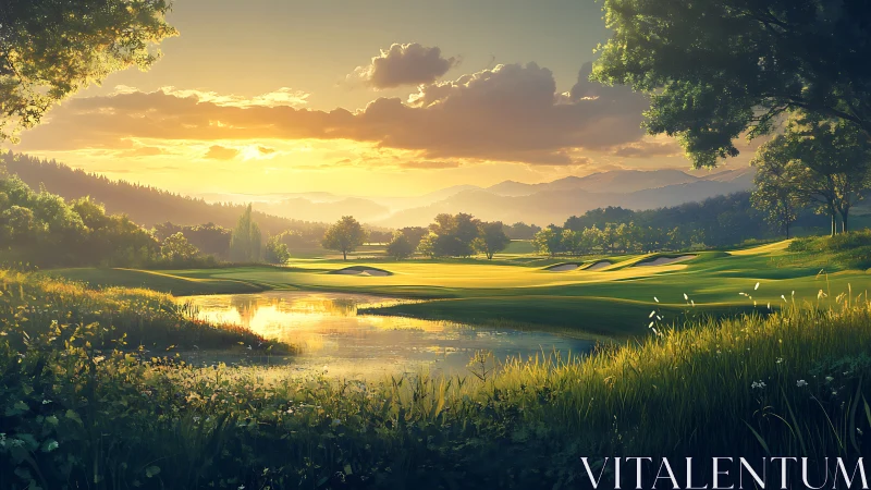 Sunlit golf fairway beside reflective pond at golden hour