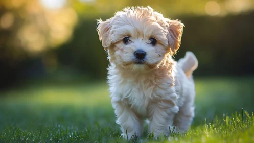 Backlit puppy portrait in shallow-depth photorealistic style.