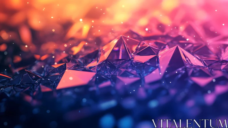Abstract geometric crystals with glowing neon hues and bokeh effect.