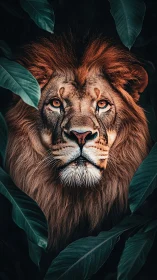 High-contrast lion portrait framed by dark tropical foliage