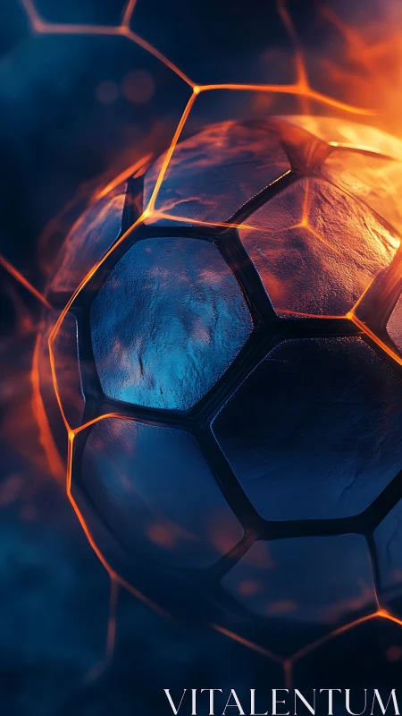 Glowing blue and orange soccer ball in abstract light field.