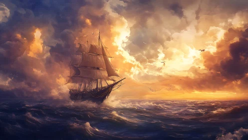 Sunlit tall ship amid luminous storm-tossed waves at sea.