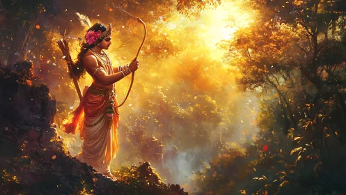 Divine archer stands in glowing forest clearing at dawn.