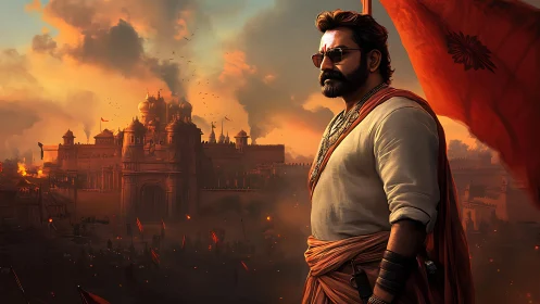 Warrior leader stands before burning fortress at sunset.