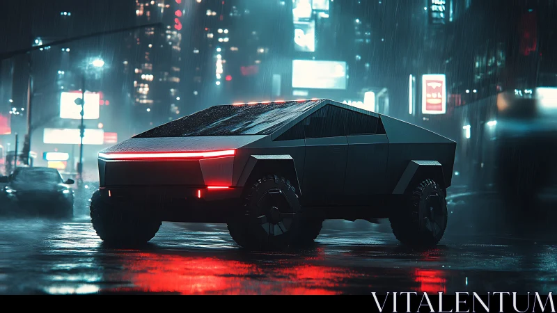 Polygonal electric rover in neon-soaked nocturnal downpour.