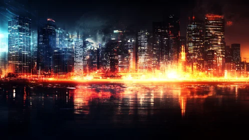 Cyberpunk city skyline with neon inferno reflections.