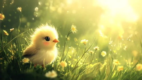 Fluffy Yellow Chick in Sunlit Wildflower Meadow