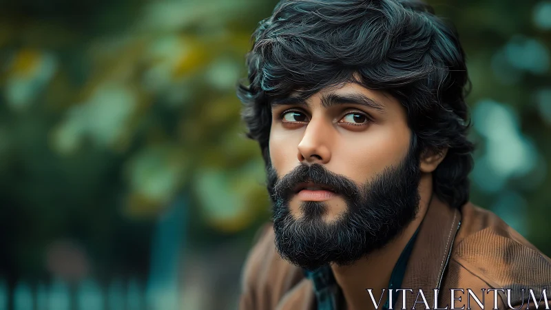 Bearded man gazes sideways against blurred green background