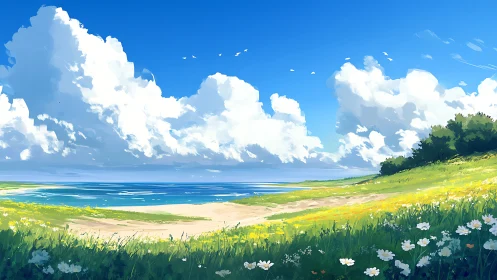 Sunlit coastal meadow borders vivid turquoise sea horizon.