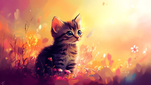 Tabby Kitten in Luminous Wildflower Field at Golden Hour