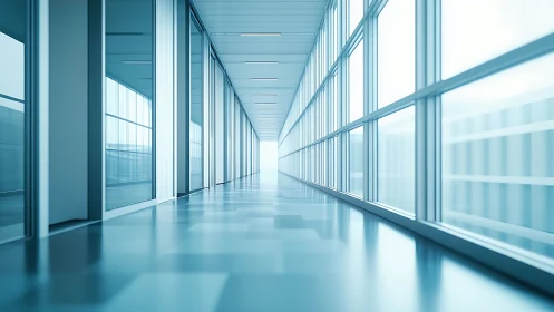 Sunlit glass hallway stretching toward a calm bright horizon.