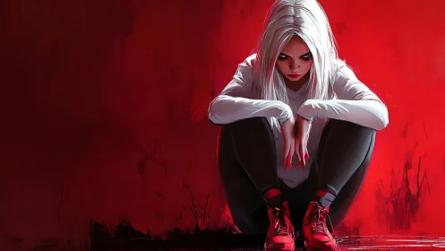 Digital painting of tense girl on red field, low-angle focus.