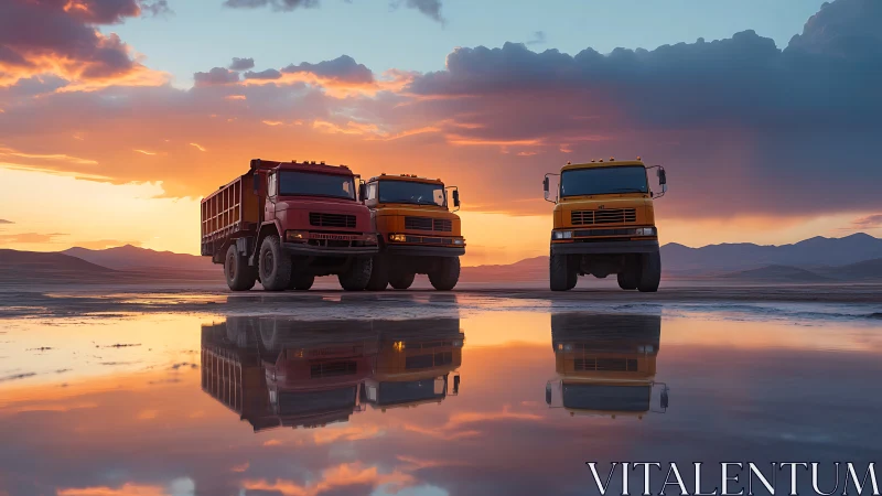 Heavy dump trucks stand over reflective wet salt plain at sunset