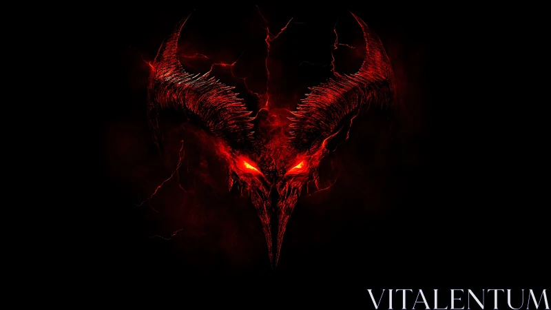 Demonic horned skull glows in red within burning darkness