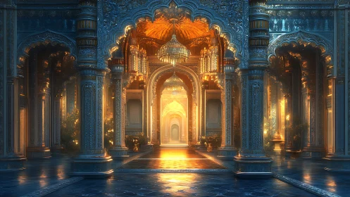 Golden palace hall with ornate arches and glowing light.