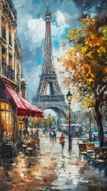 Impasto cityscape of a Parisian street with Eiffel Tower focus.
