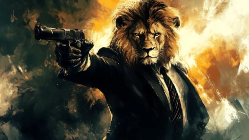 Lethal lion in a tailored suit calmly owns the battlefield