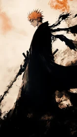 Stoic swordsman in fragmented black cloak silhouette.