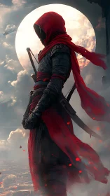 Hooded warrior in red garments before full luminous moon.