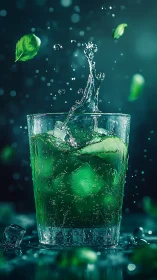 Dynamic liquid splash erupts from carbonated beverage glass with suspended particles.