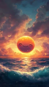 Smiling cartoon sun hovering over colorful ocean sunset.