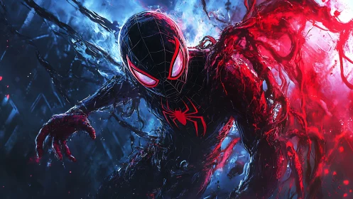 Spider-suited hero emerges through electric red and blue chaos