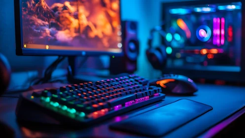 RGB gaming desktop setup glows under blue ambient light
