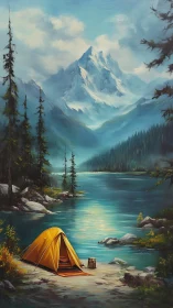 Golden lakeside tent welcomes quiet rest beneath snowy peaks