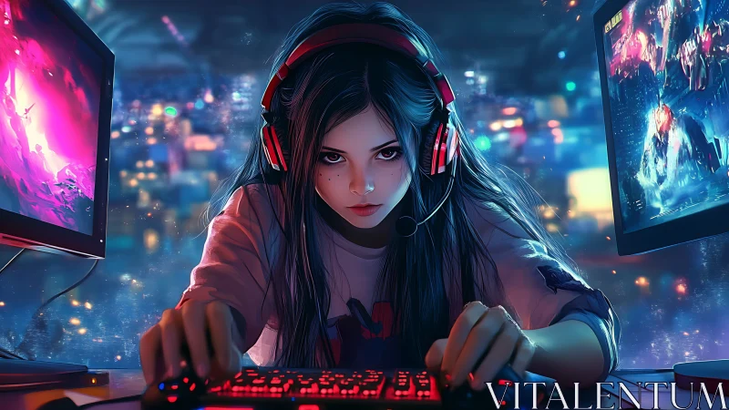 Female gamer at dual monitors in neon-lit gaming setup.