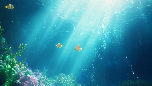 Gentle sunlit ocean scene lets playful reef fish drift softly
