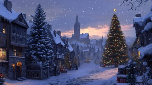 Snow covered village street shows large decorated Christmas tree
