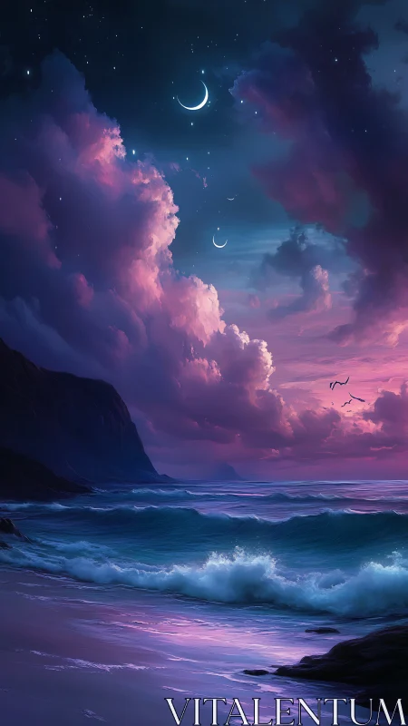 Triple crescent moonrise above a violet dream tide seascape.