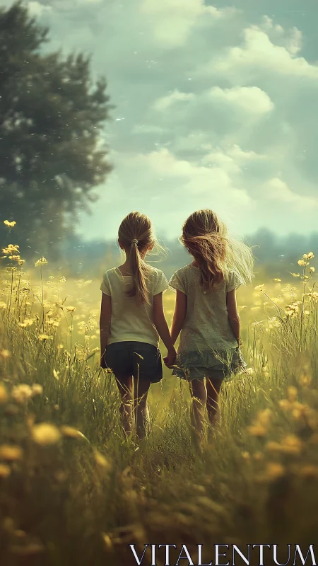 Two Children Standing in Yellow Wildflower Field