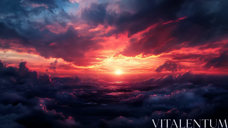 Sun descends over dense cloud layer with contrasted color bands