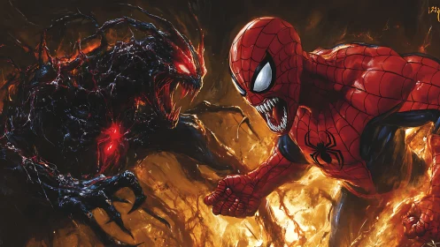 Spider-like hero lunges into fiery clash with dark monster.