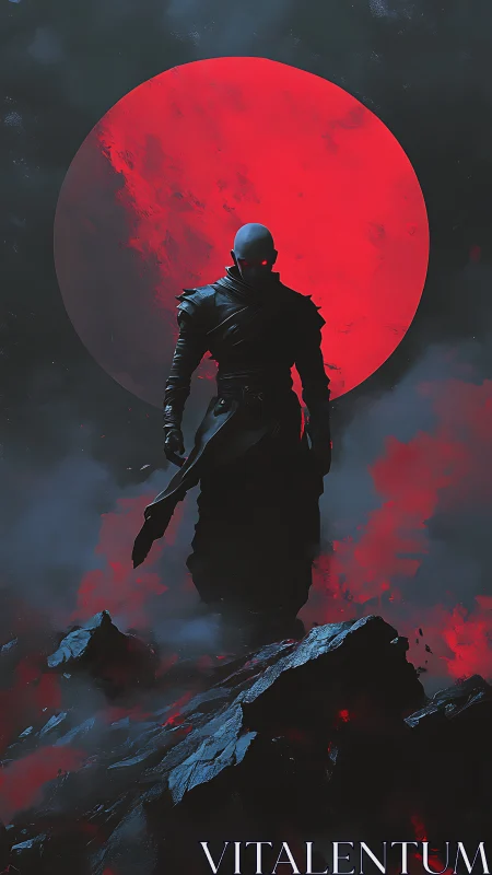 Silhouetted figure on rocks before large red circular light.