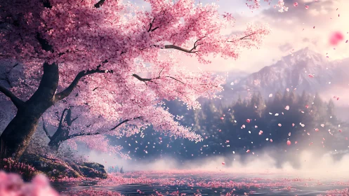 Blossom-laden lakeside dream beneath misty mountain dawn.