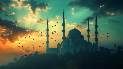 Silhouetted mosque and minarets under cinematic teal sunset sky.